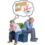 Disabled people looking sad and worried. A thought bubble is above their heads showing a benefit letter and a pair of scissors cutting notes of money in half.