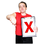 A disabled person holding a clipboard with a big red cross on it and with their thumbs down.