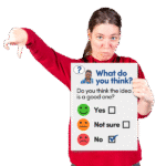 A disabled woman holding a questionnaire which reads, "What do you think?"Yes, Not Sure No". She has her thumbs down and has ticked the no box.